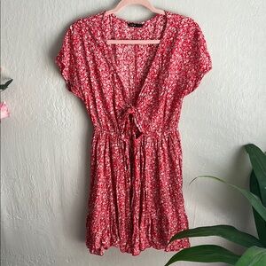 Vibrant Red Floral Tie-Front Dress
